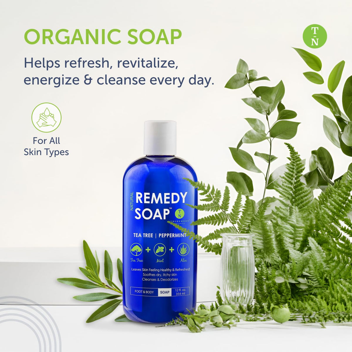 Truremedy Naturals 12 oz Tea Tree Oil Body Wash - Invigorating Tea Tree Soap with Peppermint, Aloe, Eucalyptus, Coconut and Oliv