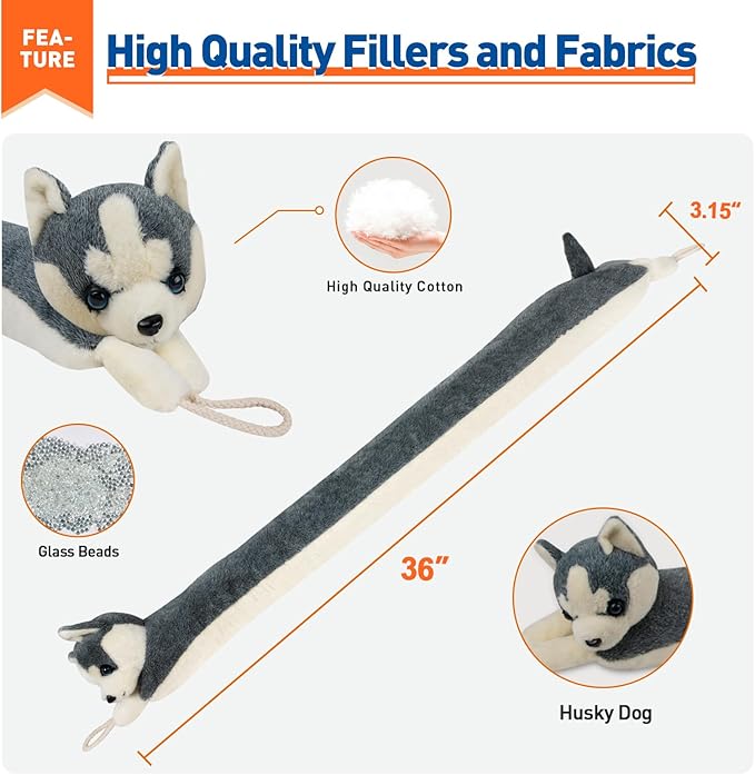 MAGZO Under Door Draft Stopper 36 Inch, Weighted Animal Noise Blocker for Door, Huskey Dog Draft Guard with Hook Loops