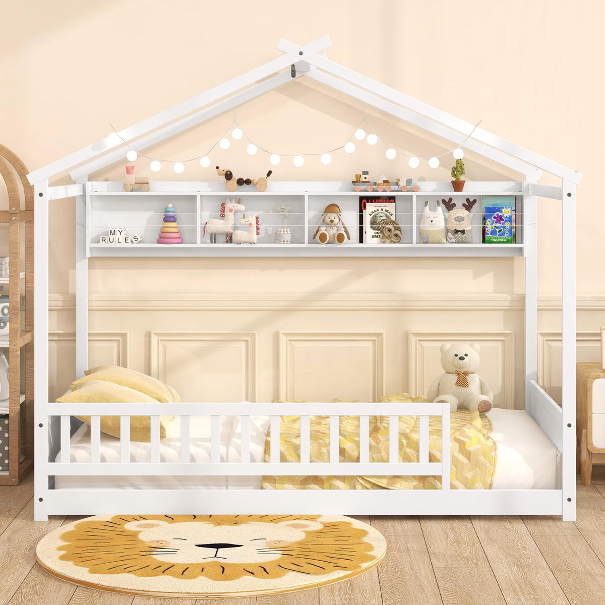 Giantex Twin Floor House Bed with Storage Shelf, Wood Twin Bed Frames with Headboard & Guardrail, Montessori Floor Bed Twin with Wooden Slat Support for Kids Boys Girls, Kids Bed, White