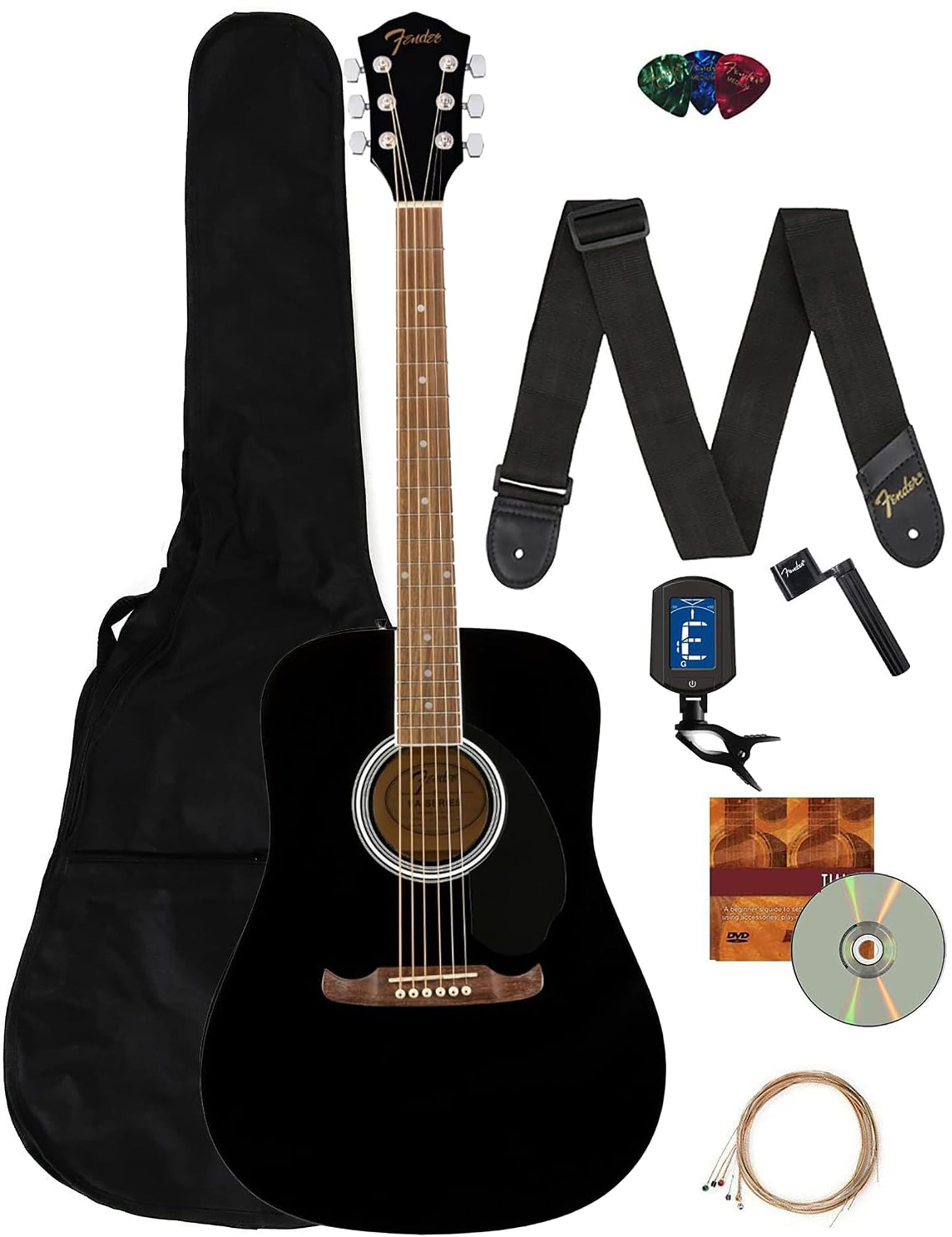 Fender Dreadnought Acoustic Guitar - Black Bundle With Gig Bag, Tuner, Strap, Strings, String Winder, Picks, Fender Play Online
