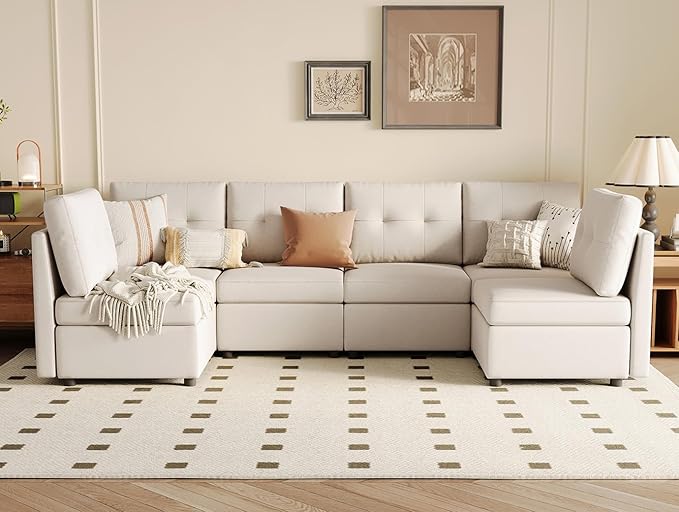 LINSY HOME Modular Sectional Sofa Oversized, Removable Cover Living Room Couches with Storage Deep Seat & Ottoman Chaise L/U Shaped Sofa Modern Couch (Beige, 6 Seats)
