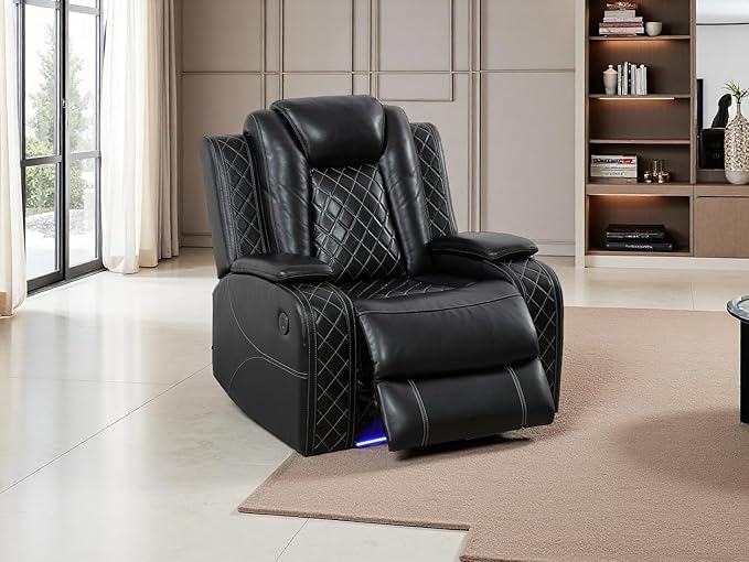 Dekmxas Living Room Furniture Sets, Black Air Leather Power Recliner Sofa Set with USB Port, Breathing Leather Power Reclining Sofa Set with Storage Console/LED Light for Living Room, Home Theater