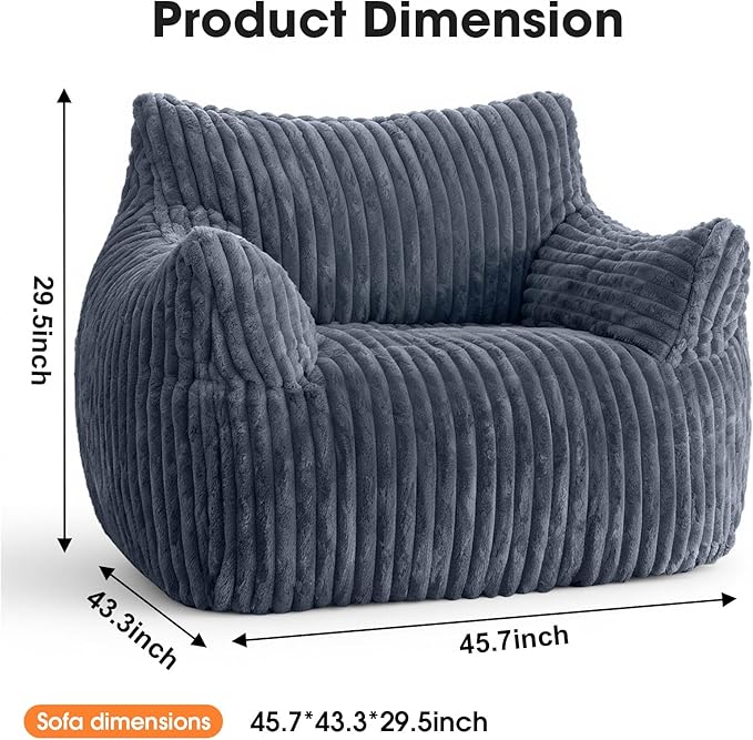 Giant Bean Bag Chair for Adults, Oversized Memory Foam Bean Bag Sofa with Armrests, Large Comfy Fluffy Single Lounges Mini Couch for Living Room, Bedroom & Dorm(Gray)