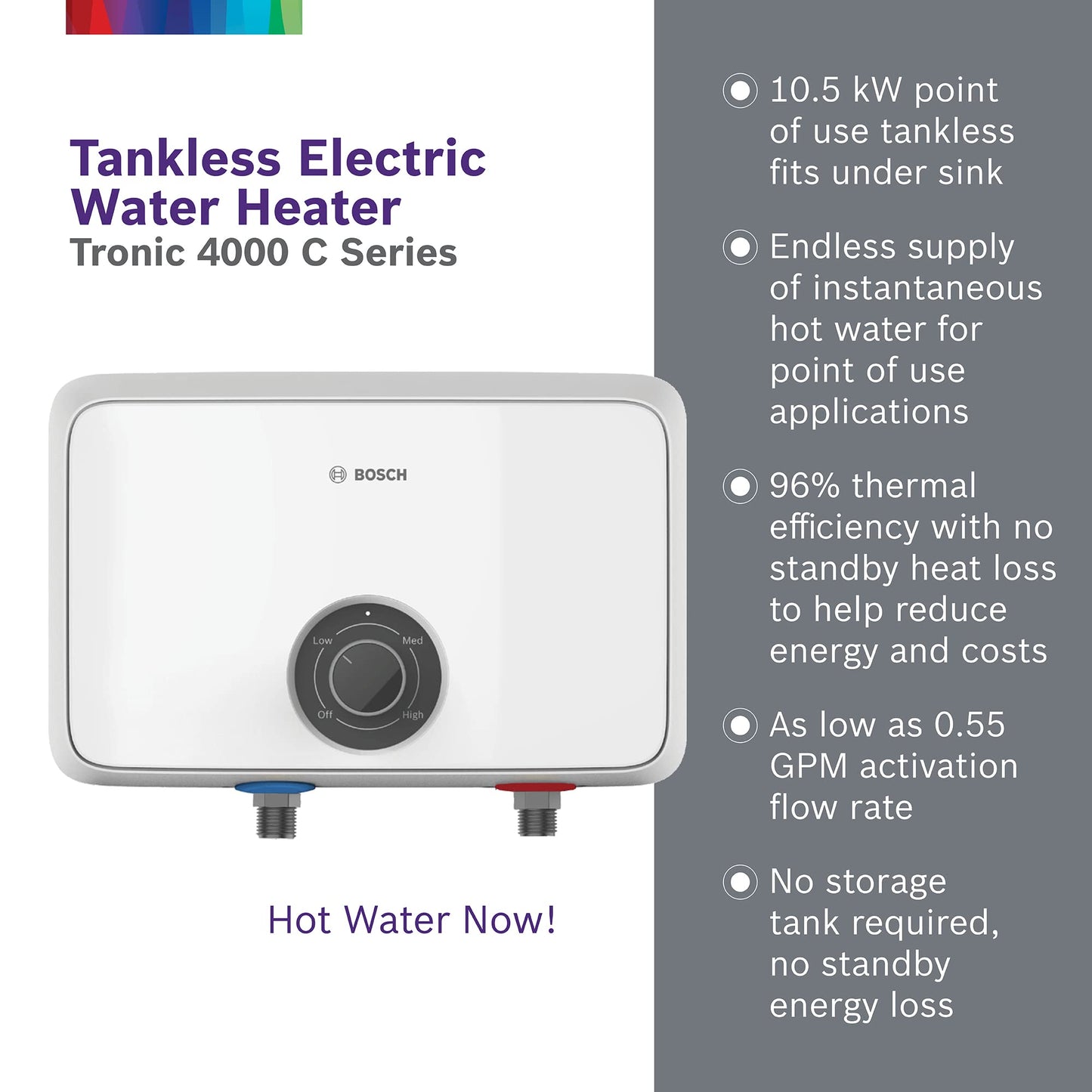 Bosch Thermotechnology Tronic 4000 Electric Tankless Water Heater, 10.5 kW, 13 x 8.5 x 4.5", White
