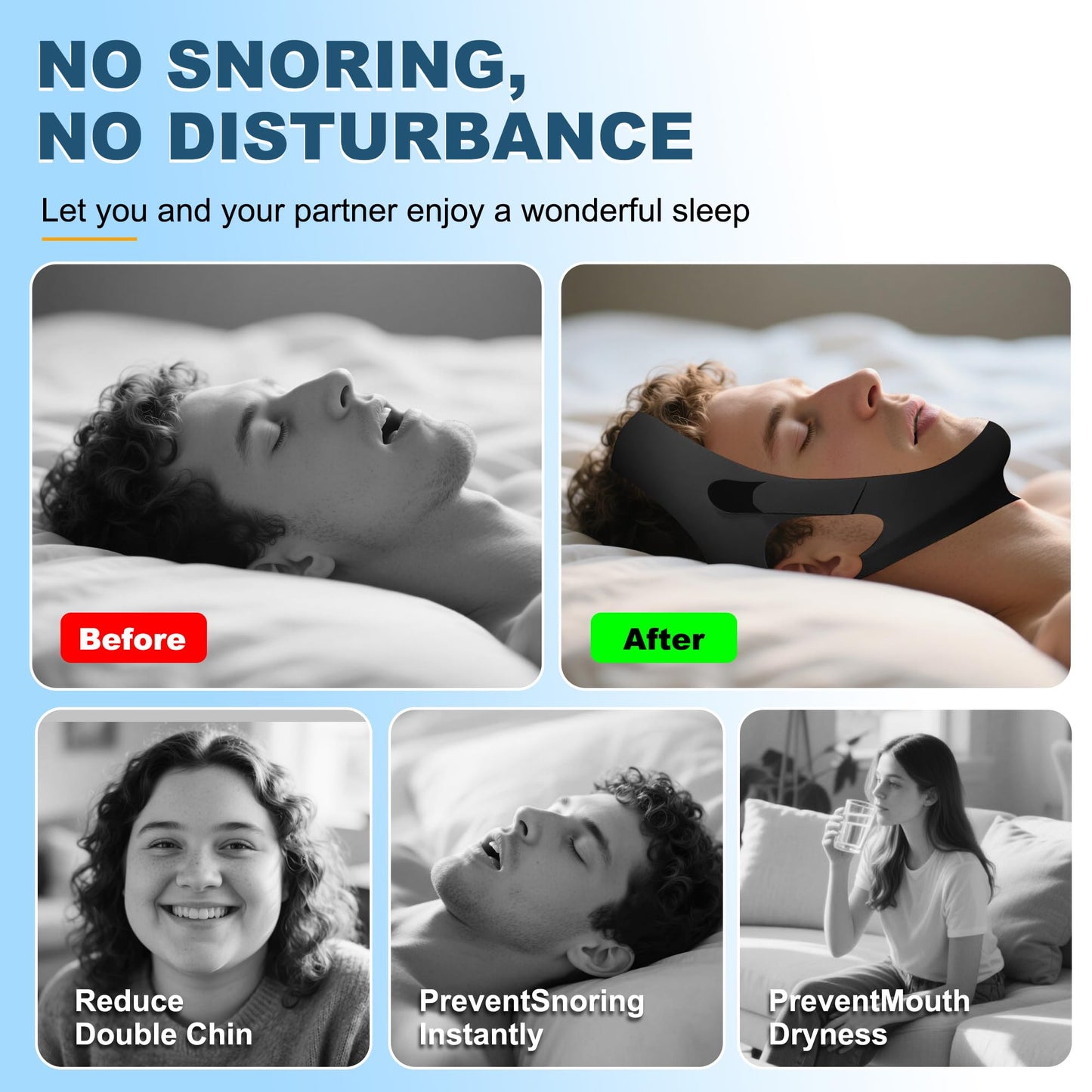 Holinee Chin Strap for Sleeping, Adjustable Chin Strap for Snoring, Anti Snoring Devices Breathable and Reusable, Comfortable Stop Snoring Solution, Anti Snore Chin Strap for Men and Women (Black)