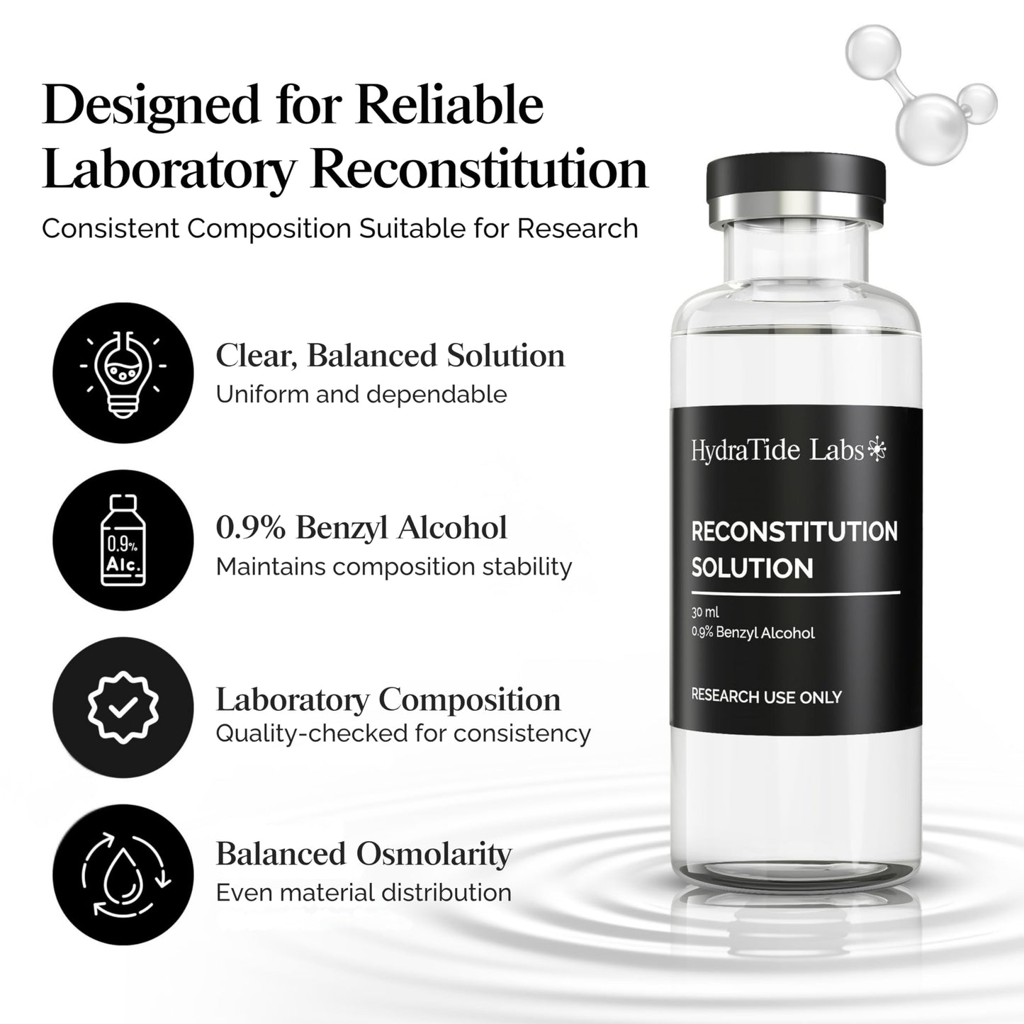 Reconstitution Solution – 30 mL Glass Vial - Deionized Water with 0.9% Benzyl Alcohol | for Research Use Only | Clear and Consistent Composition | Reliable Laboratory Supply