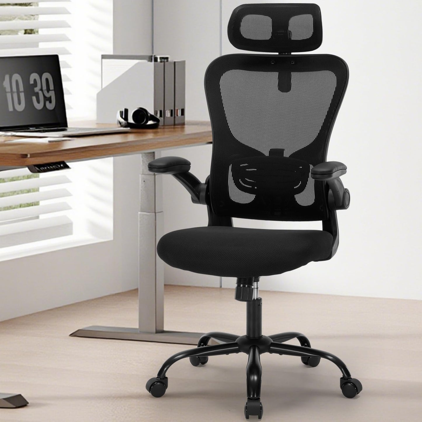 Office Chair Ergonomic Desk Chair High Back Mesh Computer Chair with Adjustable Lumbar Support & Headrest, Flip-Up Armrests, 300lbs Capacity 360 Swivel Chair for Home Office, Black
