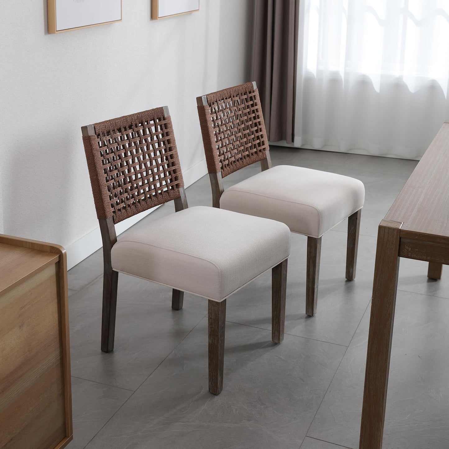 LZAREAL Farmhouse Dining Chairs Set of 2 Linen Fabric Upholstered Accent Side Chair, Mid Century Modern Kitchen & Dining Room Chairs with Woven Rope Back for Home, Living Room, Bedroom - Beige
