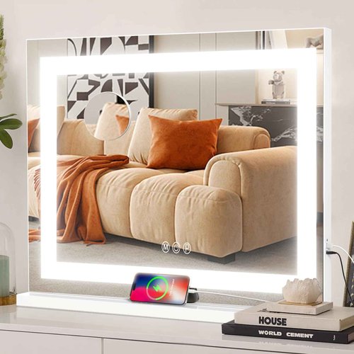 COOLJEEN Vanity Mirror with Lights, 23" x 18" LED Makeup Mirror, Lighted Makeup Mirror with 3 Color Modes, Detachable 10x Magnification and USB Charging, Tabletop & Wall-Mounted