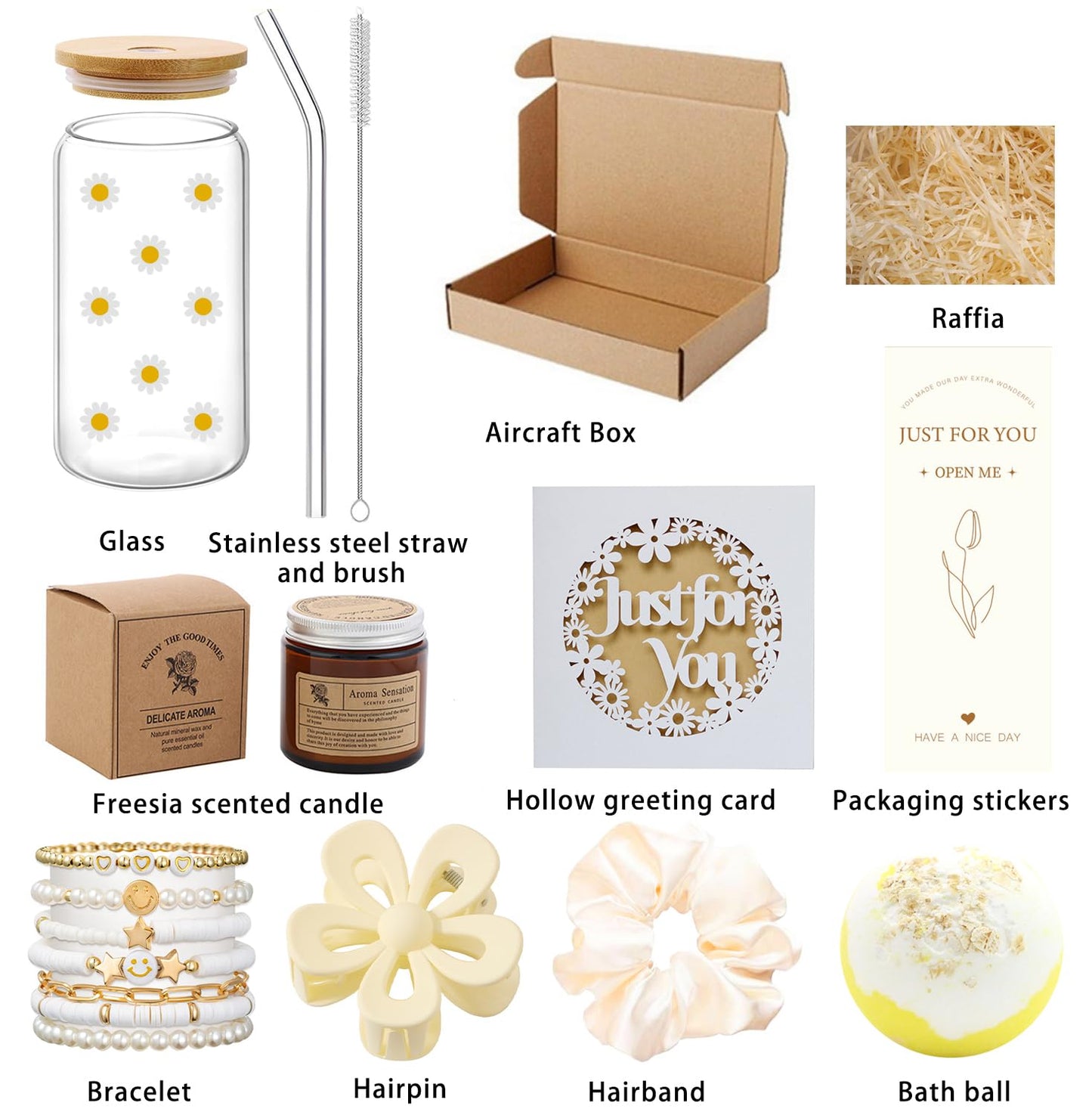 Daisy Birthday Gift Set for Women - 7-Piece Aesthetic Glass Cup & Self-Care Box for Her, Teen Girl, Sister, Daughter, Friend - Unique Happy Birthday Gifts for Women