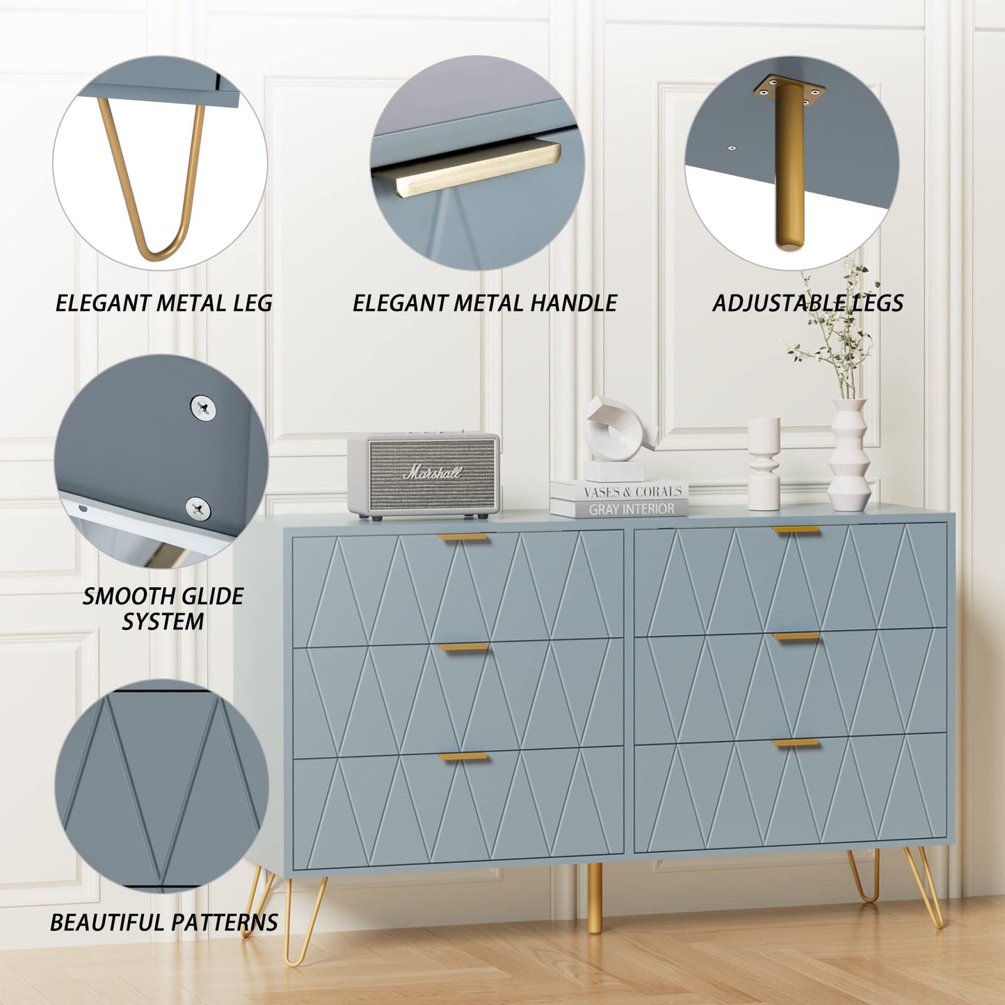 UEV Large Blue 6 Drawer Dresser,Modern Dresser Chest with Wide Drawers and Metal Handles,Wood Storage Chest of Drawers for Bedroom,Hallway,Entryway (Blue, Large 6 Drawer)