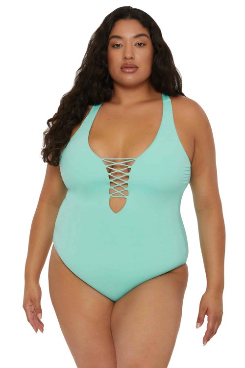 BECCA ETC. Color Code - Women's Plus Size One Piece Swimsuit, Plunge Neck, Bathing Suits for Women, New Cyan, 2X