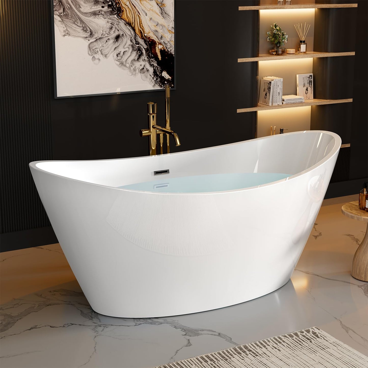 Empava 59" Freestanding Bathtub, Luxury Acrylic Soaking Tub with Custom Contemporary Design, Includes Brushed Nickel Drain and Overflow, Easy Installation, cUPC Certified, White