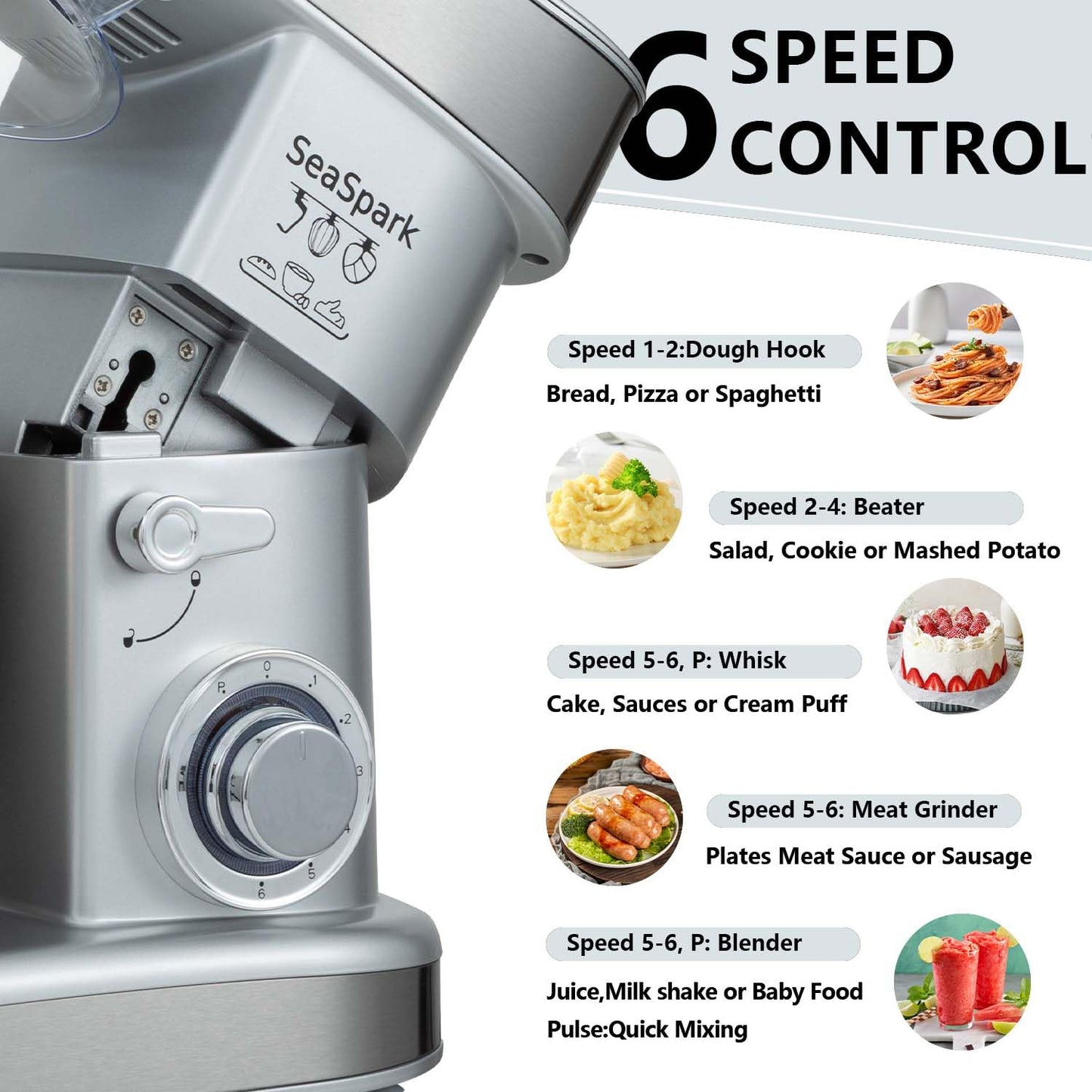 SeaSpark Multifunctional Stand Mixer, 6 in 1 Stand Mixer, 6.3Qt Tilt-head, Standing Mixer with Stainless Steel Bowl, Meat Grinder, Juice Blender, for professional Baking and Most Home Cooks, Silver