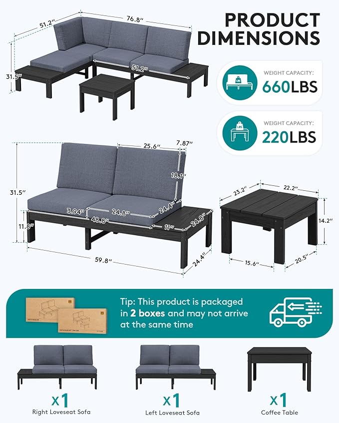 SERWALL HDPE Outdoor Furniture Set, 4 Seats Outdoor Sectional with Coffee Table, All-Weather Patio Sofa Set, Patio Conversation Sets with Adjustable Backrest Sofa for Garden, Backyard, Black with Grey