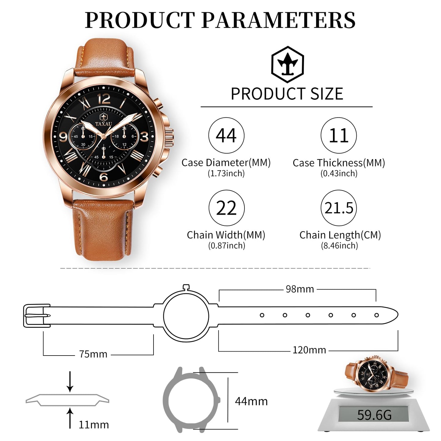 Taxau Mens Watches Waterproof Leather Watches for Men Classic Chronograph Men's Dress Watch Casual Business Analog Quartz Mens Wrist Watch Brown Band with Date Luminous