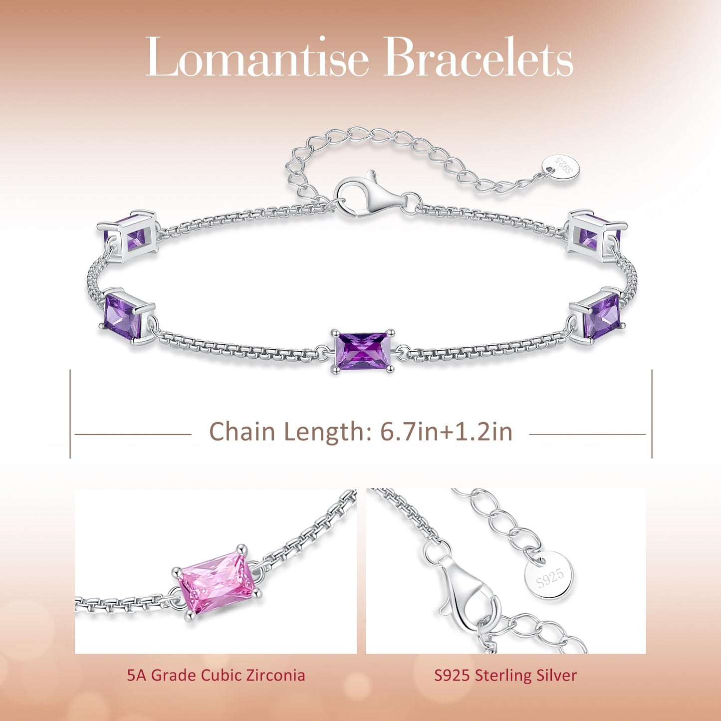 Lomantise Birthstone Bracelets for Women 925 Sterling Silver Dainty Simple Charm Link Bracelet, Birthday Anniversary Valentines Day Jewelry Gifts for Women Her Wife Mom