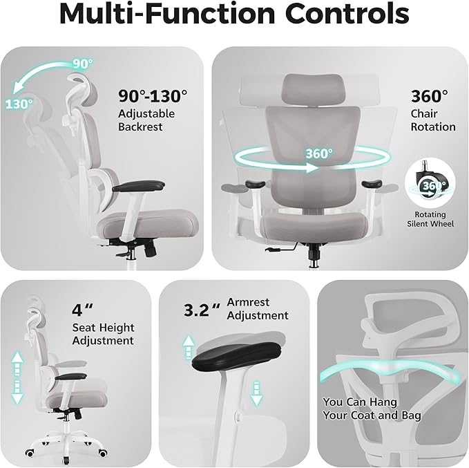 Ergonomic Office Chair High Back Desk Chair with Lumbar Support, Breathable Mesh Computer Chair with Adjustable Armrests Height, Reclining Swivel Big and Tall Gaming Chair for Home Office(Gray)