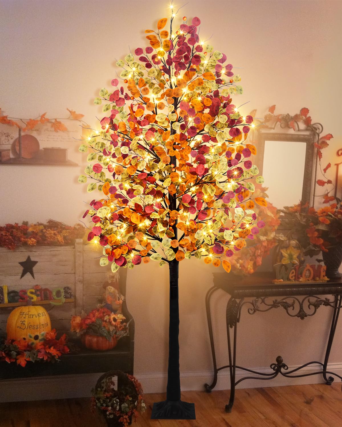 Agusbagli 7FT 128LED Artificial Lighted Fall Eucalyptus Tree, Fall Decorations for Home with Timer Dimmable 8 Modes Fall Light Up Tree with 768 Leaves for Indoor Outdoor Autumn Thanksgiving Decor