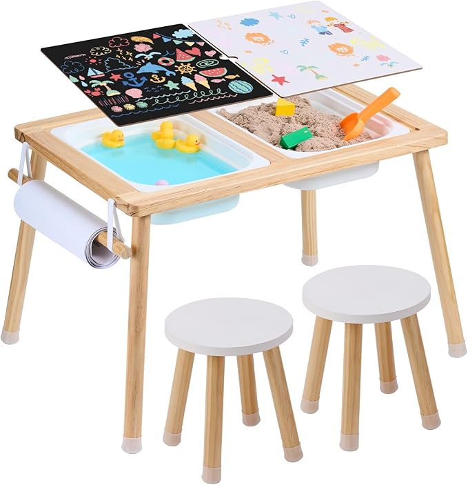 VEVOR Sensory Table and Chairs Set, Toddlers Activity Table with 2 Stools, 2 Storage Bins & Paper Roll Holder, Indoor/Outd...
