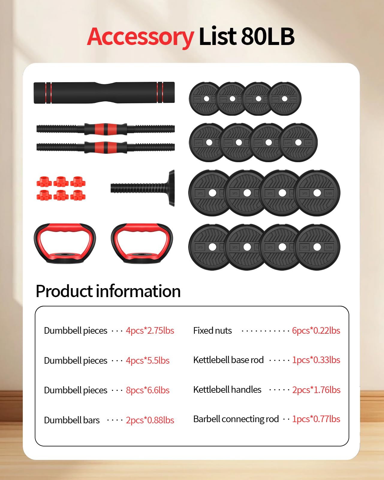 Adjustable Dumbbells,20/30/40/60/80lbs Free Weight Set with Connector, 4 in1 Dumbbells Set Used as Barbell/Kettlebells/Push up Stand, Fitness Workout Equipment for Home Gym for Youth,Women/Men