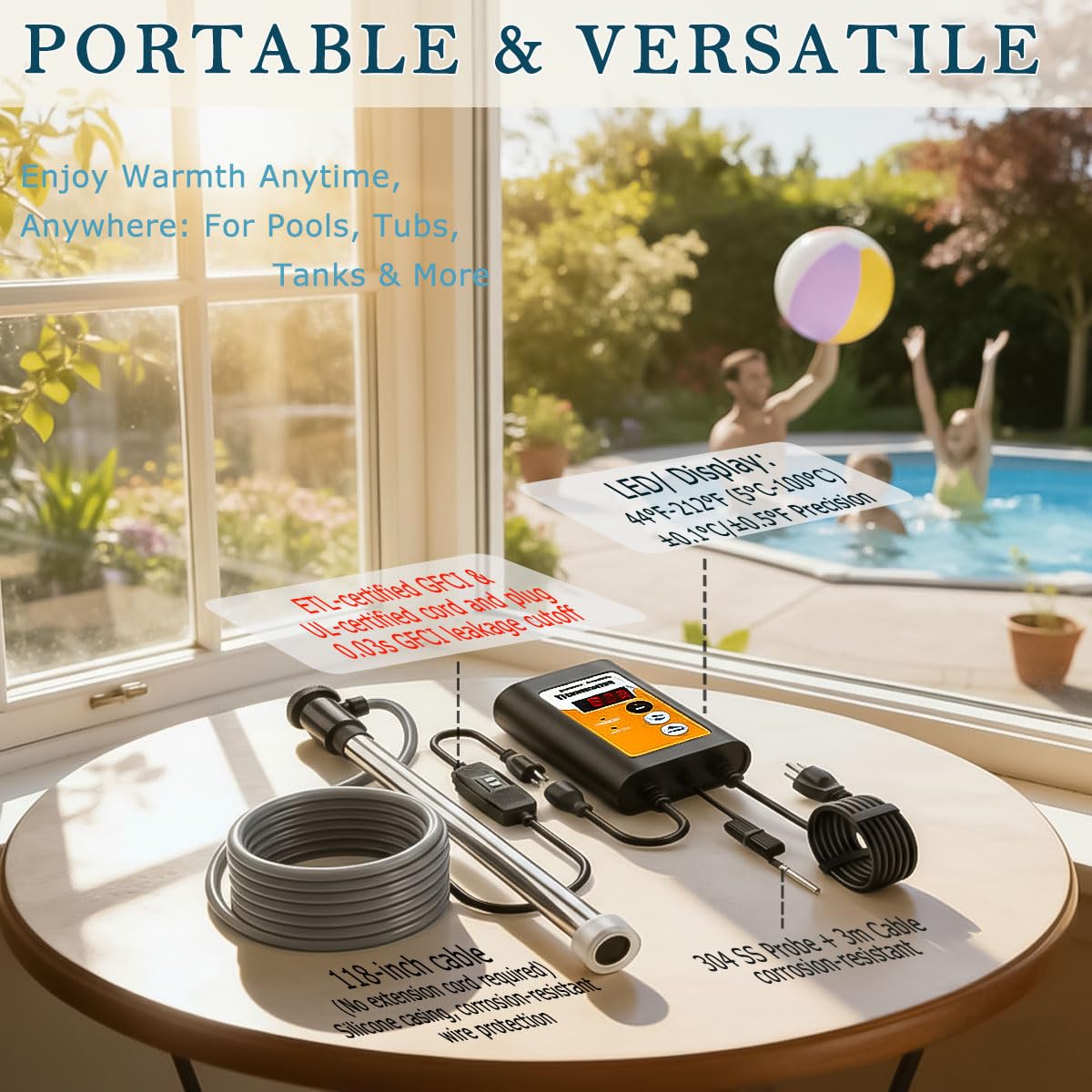 1800W 120V Immersion Water Heater with GFCI, Portable Pool Heater for Small Above Ground Pool, Submersible Hot Tub Heater & Baptismal Pool Heater, Fit Bathtub and Small Inflatable Pool