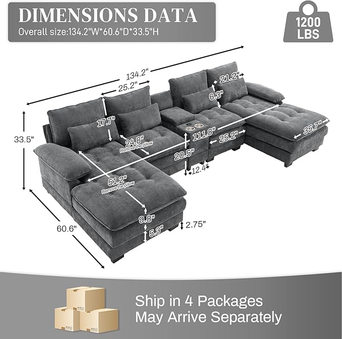 BEQAI 134" U Shaped Sectional Couches for Living Room,Modern Chenille 6 Seat Living Room Sofa Set with Storage Console,Oversized Modular Sectional Fluffy Couch with Tufted Buttons & Chaise Lounge,Grey