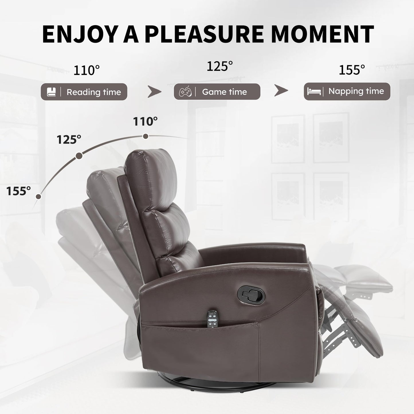 KEIKI 4-in-1 Manual Swivel Rocker Recliner Chair for Home Living Room, Faux Leather Chair with Back Massager & Heat, Home Theater Seating with Lumbar Support, Soft Bedroom Chairs for Adults, Brown