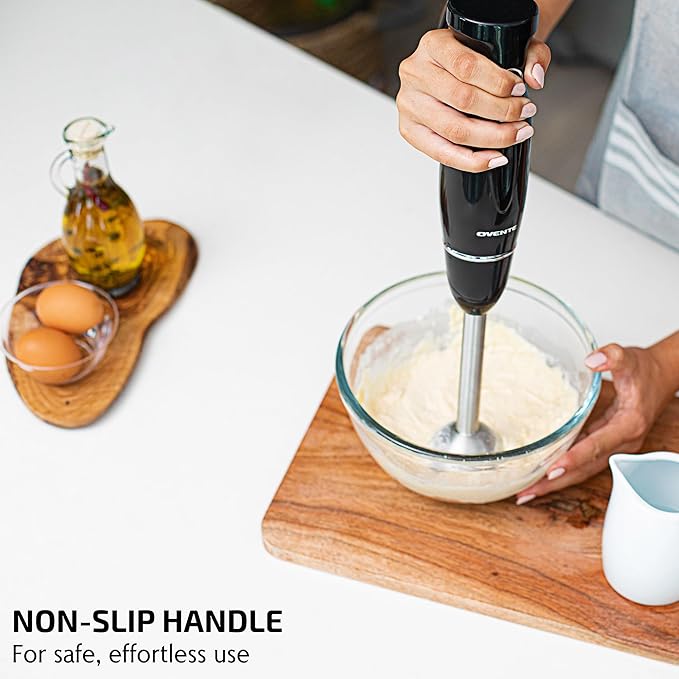OVENTE Immersion Hand Blender, 300W Corded Electric Handheld Stick Mixer with 2 Mixing Speeds and Stainless Steel Blades for Smoothies, Purees & Baby Food, Black HS560B