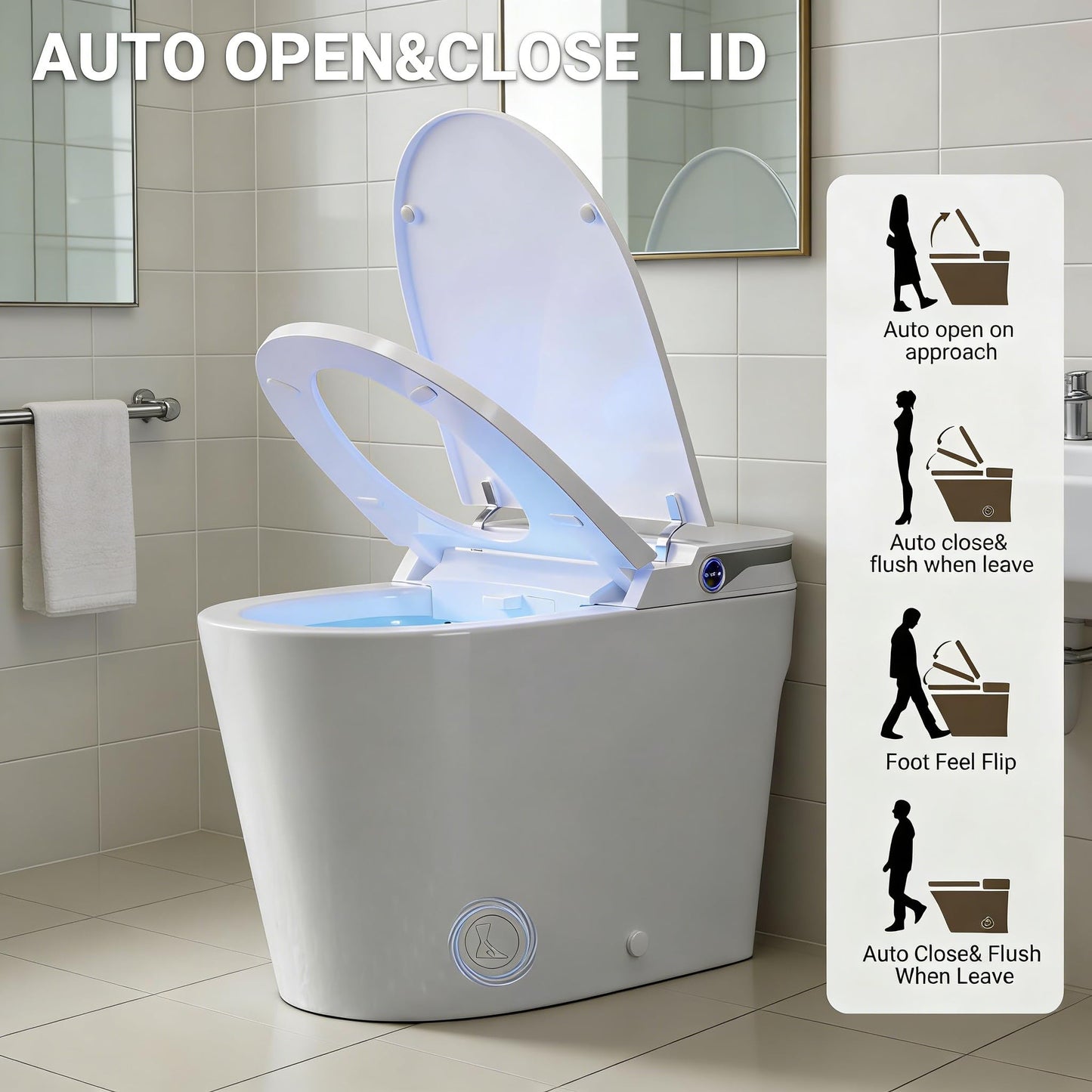 Smart Toilet with Bidet, One Piece Toilet with Tank and Pump for Low Water Pressure, Auto Open Close Lid, Foot Flush, Instant Warm Water, Heated Elongated Seat, Air Drying, LED Night Light, Remote