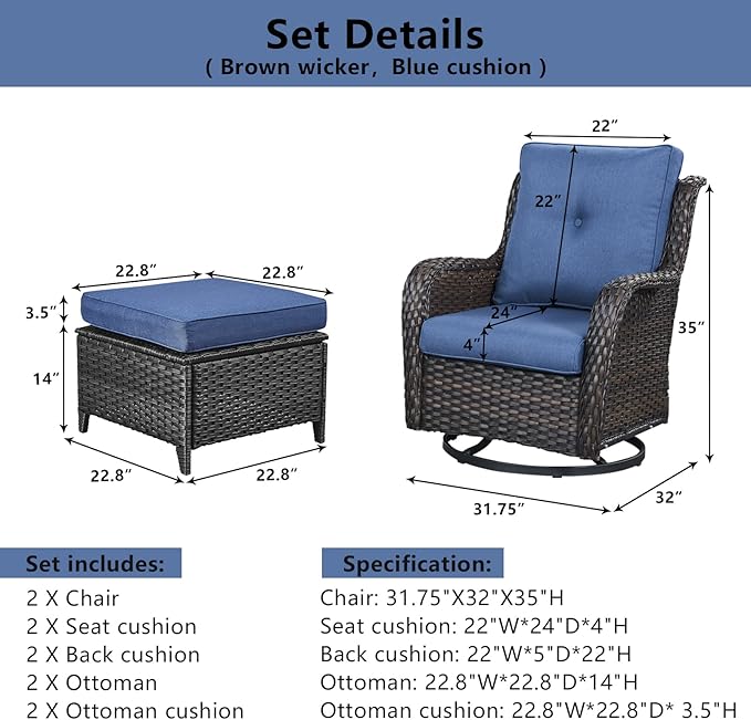 Belord 4 Pieces Patio Furniture Sets, Wicker Patio Swivel Glider Chair with Ottomans, Outdoor Furniture Set for Outside Porch, Deck, Balcony, Garden