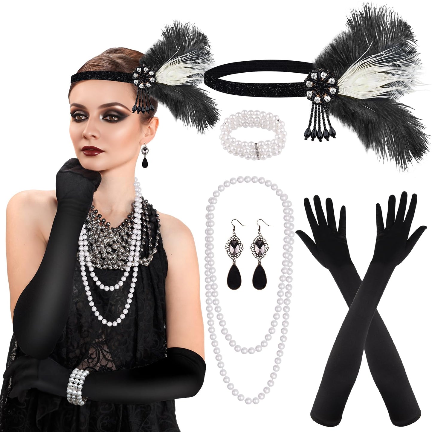PLULON 8 Pieces 1920s Flapper Accessories Great Gatsby Accessories for Women Roaring 20s Accessories Set for Women