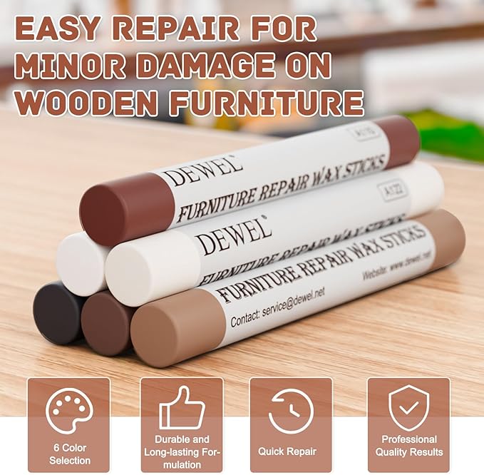 DEWEL Wood Filler Sticks, 6 Colors Wood Crayons for Scratches, Wood Floor Repair Wax Filler Sticks, Furniture Scratch Repair Crayons Kit for Wood Holes, Scratches, Table