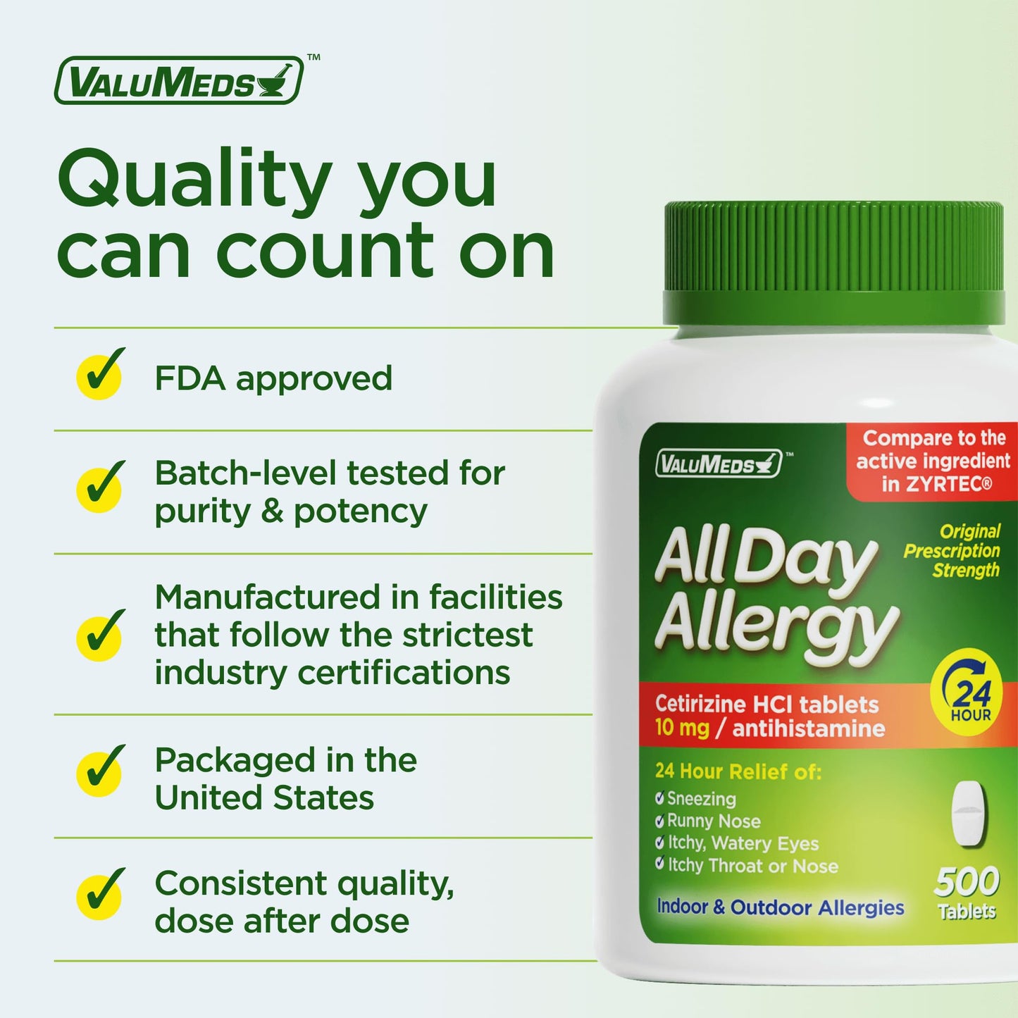 ValuMeds 24-Hour Allergy Medicine Antihistamine for Pollen, Hay Fever, Dry, Itchy Eyes, Allergies | Cetirizine HCl 10mg Caplets, Compare to Leading Brand (500 Count)