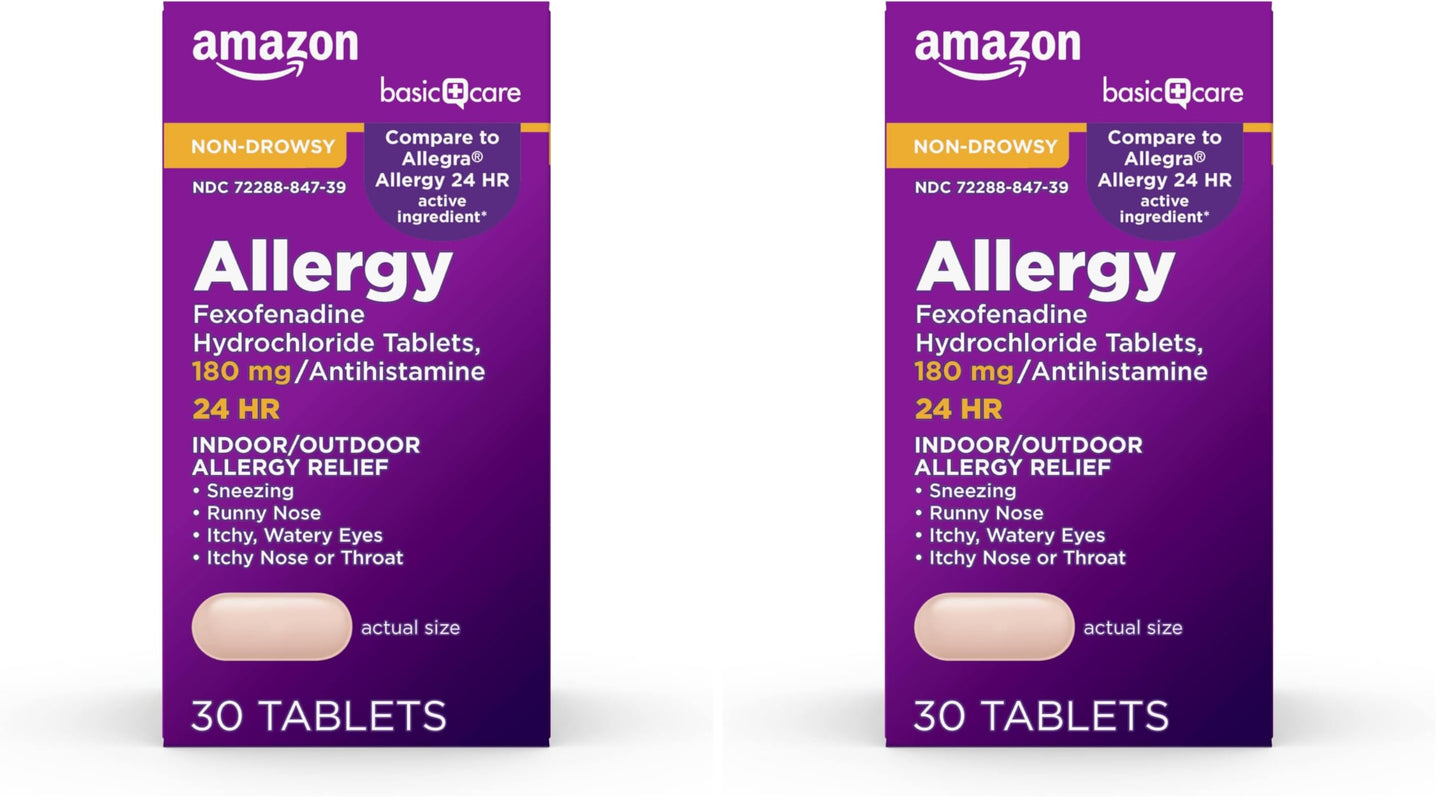 Amazon Basic Care All Day Allergy Relief, Fexofenadine Hydrochloride Tablets, 180 mg, Antihistamine, Non-Drowsy, 24-Hour Relief, 30 Count (Pack of 2)