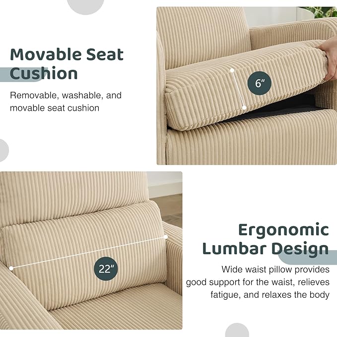 AEMEIOS Swivel Rocker Recliner, Oversized Manual Nursery Glider Rocking Recliner Chair with Removable Cushion, Upholstered Swivel Reclining Chair for Nursery Living Room Bedroom, Corduroy Camel