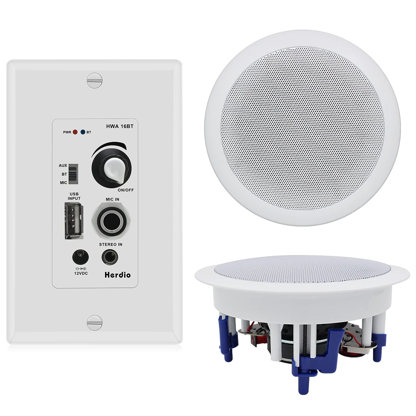 Herdio 5.25'' Home Audio Package Wall Mount Bluetooth Amplifier Receiver System with 300W in Ceiling Wall Passive Speakers Great for Home Theater Office Bathroom Kitchen Living Room (A Pair)