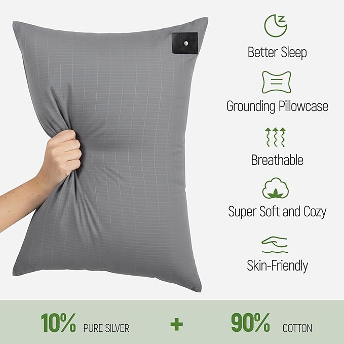 Groundingtop Earth Pillowcase Upgraded 10% Silver Fiber Grounding Pillow case, 90% Cotton Grounded Bed Pillow Cover for Better Sleep Pain Relief Improve Energy, Queen 20x36 Inch, Gray 1PC