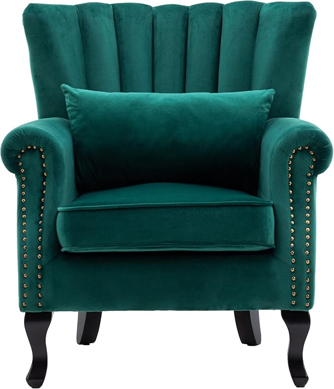 DM Furniture Mid Century Accent Chair Modern Tufted Wingback Armchairs Club Chair Velvet Fabric Single Sofa Lounge Chair with Pillow for Living Room, Green
