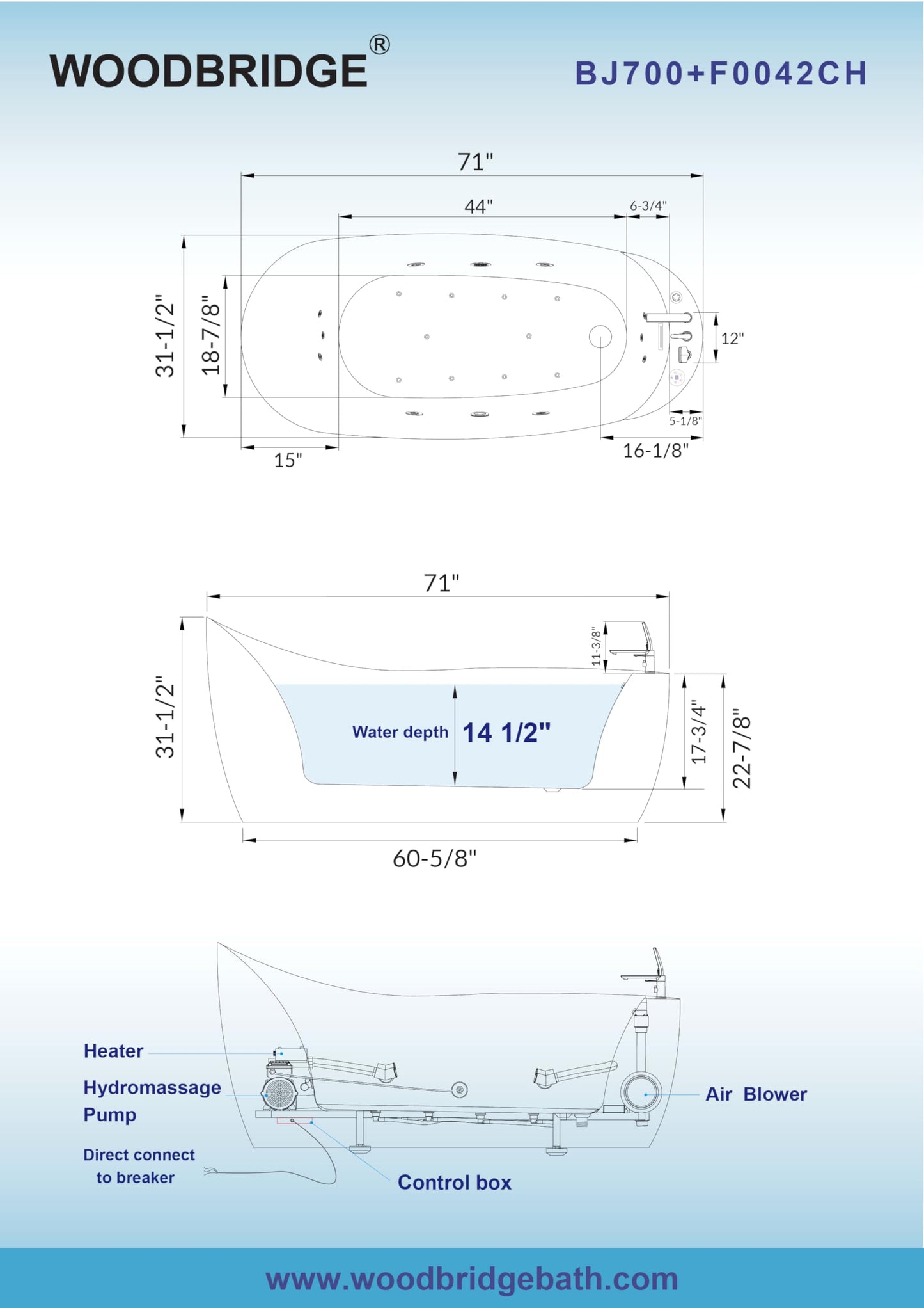 WOODBRIDGE 71" x 31-1/2" Whirlpool and Air Bath Heated Soaking Combination Tub with Adjustable Speed Air Blower, Tub Filler and Display Control Panel, White, BJ700+F0042CH