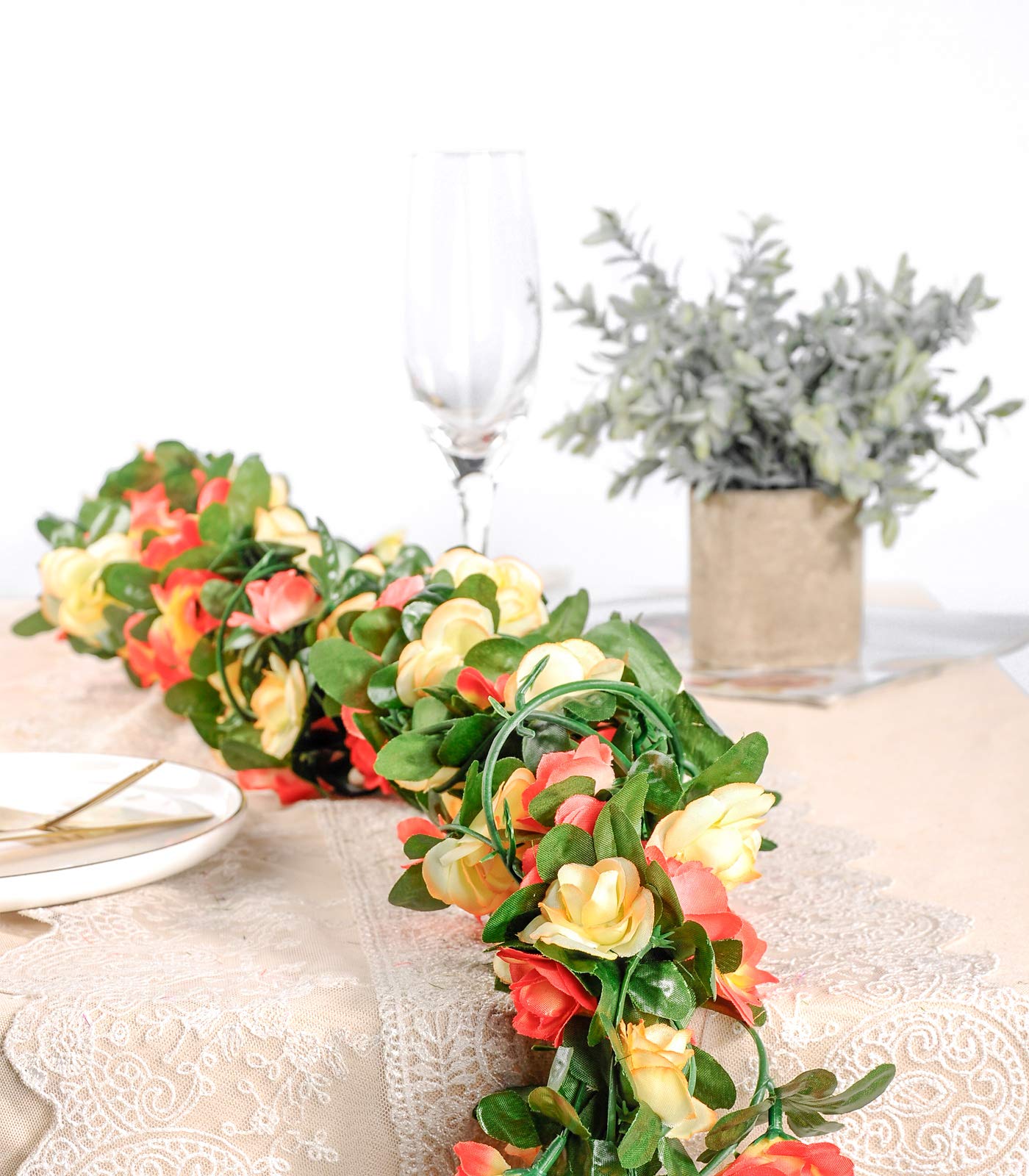 Miracliy 8Pcs 66FT Flower Garland, Orange and Champagne Artificial Rose Floral Vines Fake Hanging Spring Flower Garland for Wall Backdrop Wedding Arch Tea Party Door Mantle Decoration