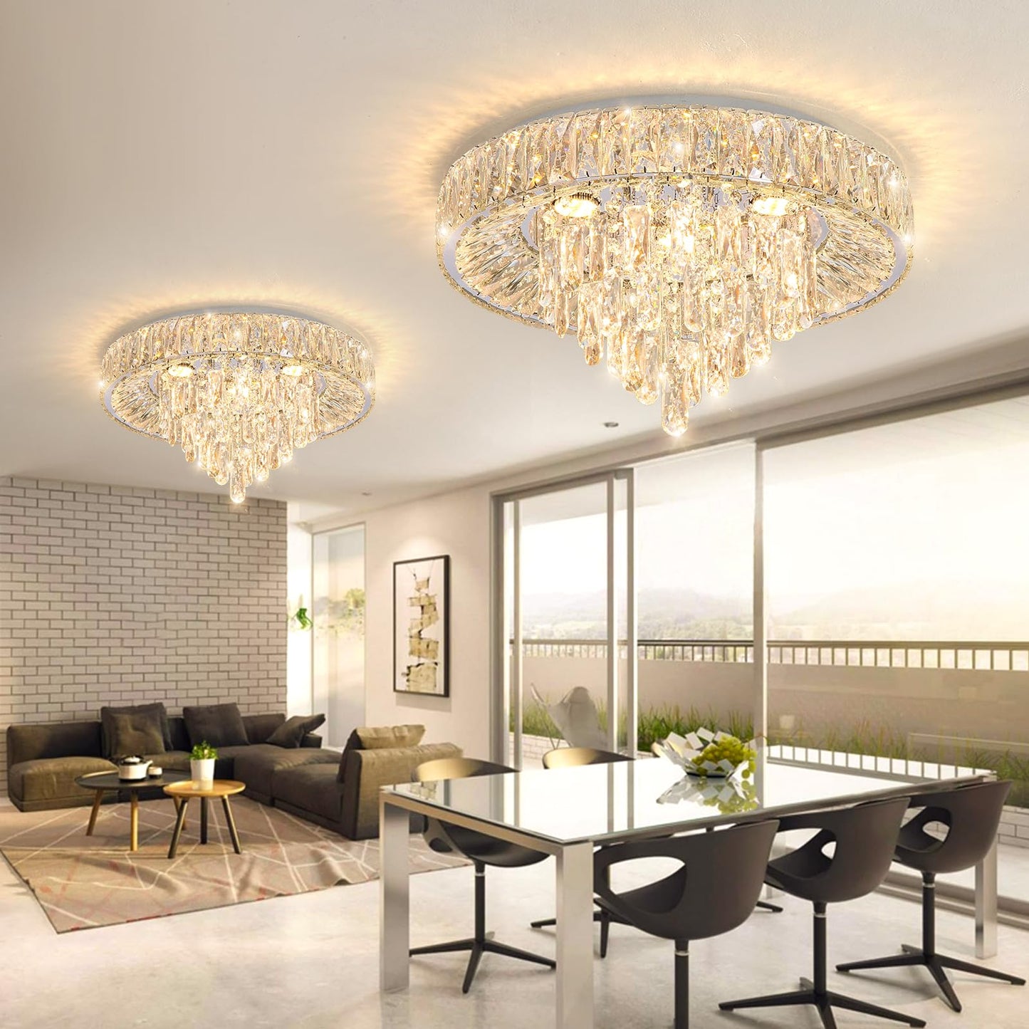 dolria Modern Crystal Chandeliers for Dining Room LED Light Fixture Close to Ceiling Chandelier Flush Mount Ceiling Light Dimmable Lamp with Remote for Living Room Bedroom Hallway 2700K 6000K