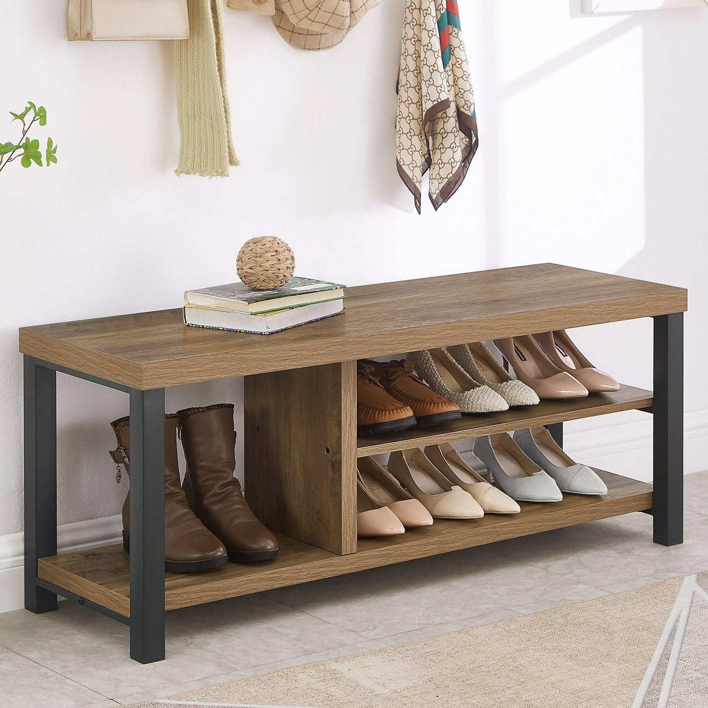 FOLUBAN Shoe Bench for Entryway, Wood and Metal Indoor Bench with Shoe Storage and Seating for Bedroom, Hallway, Living Room, Rustic Oak, 43.3 Inch
