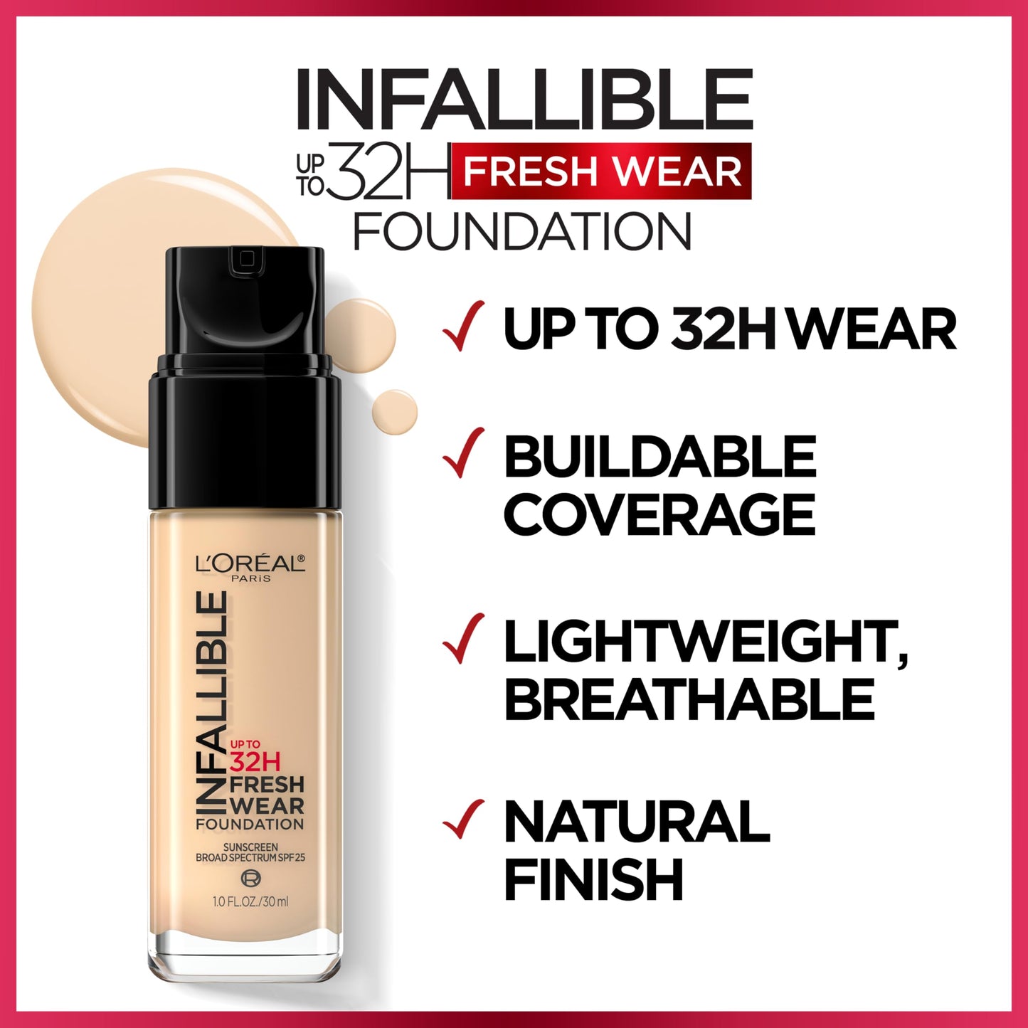 LOr  al Paris Makeup Infallible Up to 32 Hour Fresh Wear Lightweight Foundation, 505 Toffee, 1 Fl Oz, Packaging May Vary