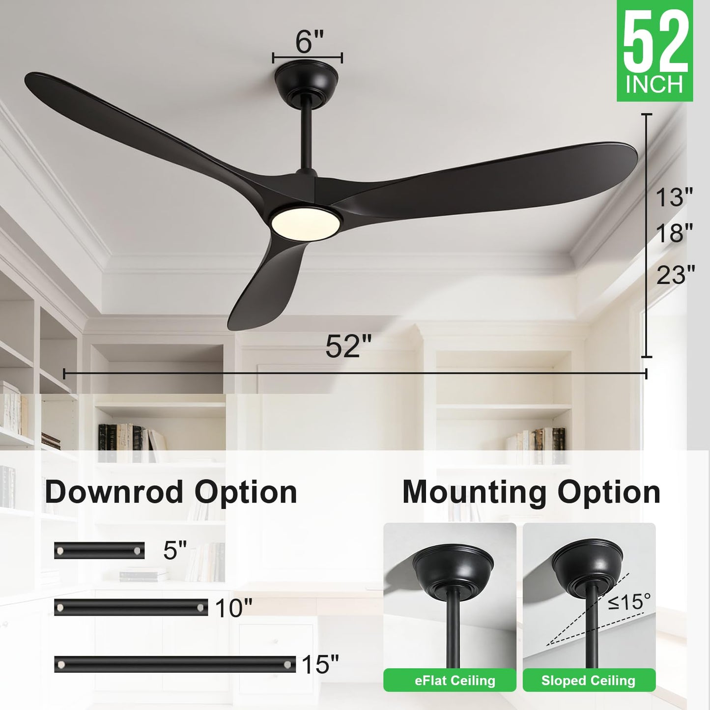 Mosanfan 52 Inch Ceiling Fans with Lights and Remote, Wood Outdoor Ceiling Fan with 6 Speed Noiseless DC Motor, Indoor Modern 3 Blade Propeller Ceiling Fan for Bedroom Living Room Gazebo Patio (Black)