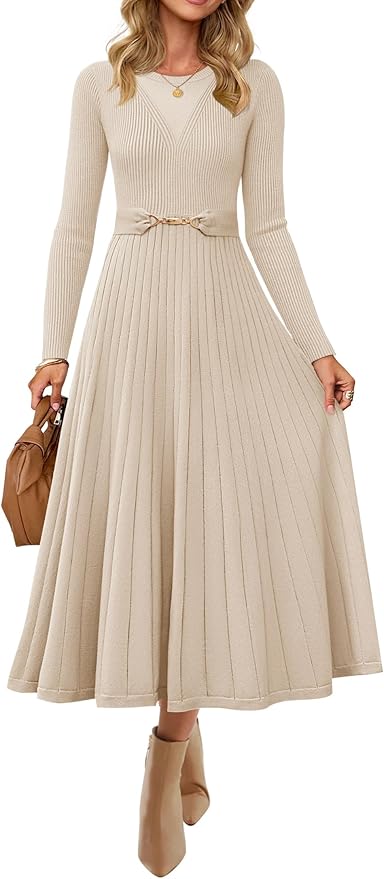ZESICA Women's Long Sleeve Midi Sweater Dress 2026 Fall Crewneck Knit A Line Pleated Flowy Long Dresses with Belt