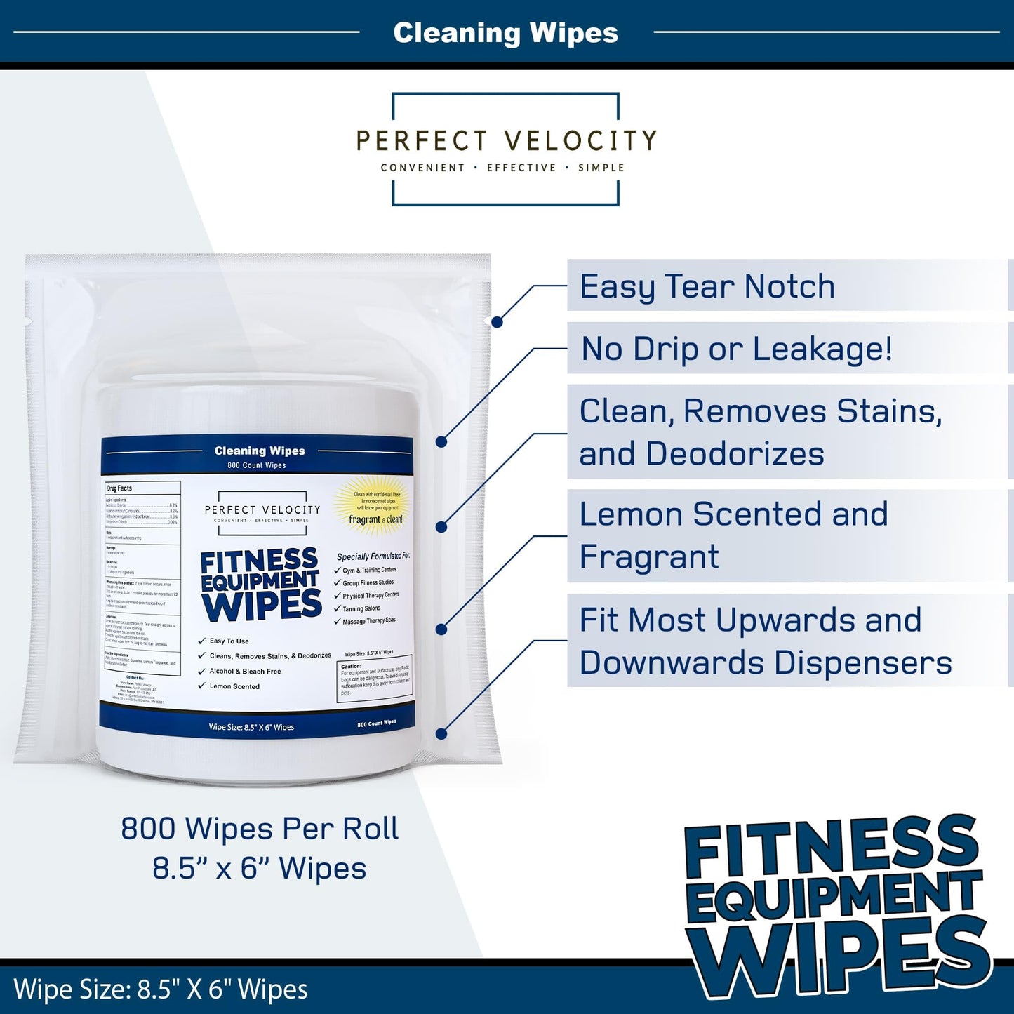 Perfect Velocity Fitness Gym Equipment Wipes - 4 Rolls of 800 Pre-Moistened Cleaning Refill Wet Wipes - For Upwards and Downwards Dispensers