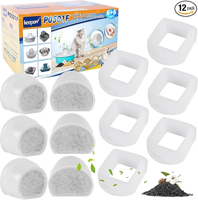 KEEPOW Cat Water Fountain Filters - 12 Pack Foam & Carbon Filters for Drinkwell 1.5/2 Gallon Fountains, Seaside, Creeksid...