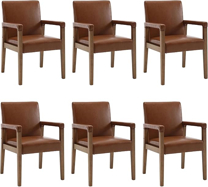 DM Furniture Mid Century Modern Dining Chairs Set of 6 Faux Leather Upholstered Accent Chairs Comfy Kitchen Chairs with Solid Wood Frame Armchair for Living Room, Brown