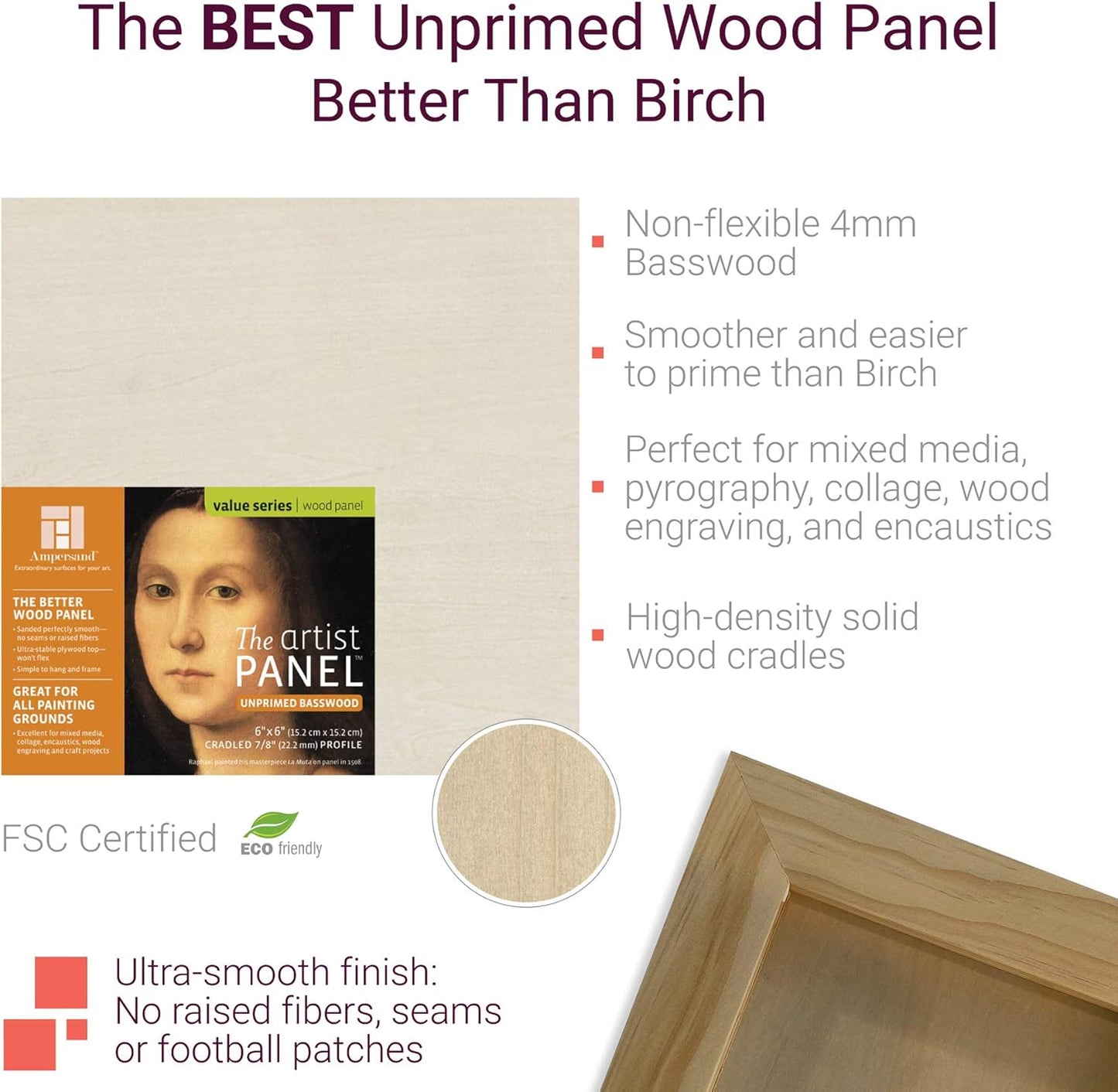 Ampersand Art Supply Unprimed Basswood Artist Panel, 1-1/2" Cradled Profile, 5"x5"